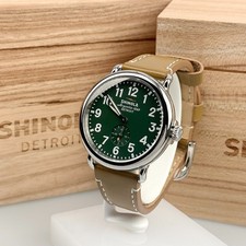 Men's Shinola Runwell Argonite 1069 Green Dial Leather Strap Quartz Watch 41mm picture