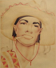 1950s SIGNED PAINTING LOS ANGELES YOUNG CHICANO MEXICAN MAN SMOKING CIGARETTE picture