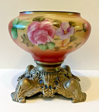 ANTIQUE HAND PAINTED OIL LAMP FONT BASE with ORNATE BRASS FOOT ORIGINAL INSERT picture