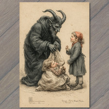 POSTCARD Krampus Carrying Child Sack Creepy Christmas Folklore Devil Vintage Sty picture