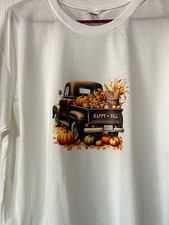 Men's L White Crew Neck Short Sleeve Happy Fall Truck Pumpkin Graphic T-Shirt picture