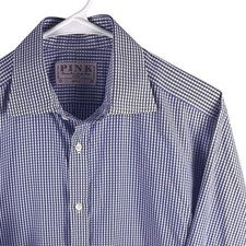 Thomas Pink Shirt Mens 15 34/35 Blue Gingham French Cuff Dress Long Sleeve picture