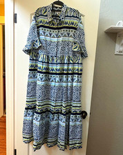 Chico's Women’s Size 3 US XL Blue White Yellow Geometric Maxi Dress Ruffle picture