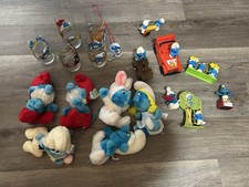 Vintage Smurfs Collection Lot 1980s Plush Toys Glasses Figures Vehicle Papa/Baby picture