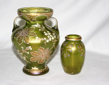 Pair Antique art Nouveau iridescent Jugendstil Bohemian Green Gold Glass Vase picture
