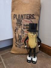 Vtg Planters Mr Peanut Walking Wind Up Toy Works USA + Advertising Burlap Bag picture