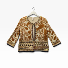 Chico's Women’s Size 0 Brown Beige Floral 3/4 Sleeve Knit Cardigan Beaded picture