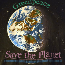 Hanes VTG 1988 Greenpeace Save the Planet Earth Graphic Black Tee L *Small Rip* picture