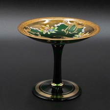Antique Moser Style Bohemian Emerald Green Glass Compote Enamel Floral Gold Gilt picture