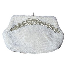VTG 1940s Rosenfeld White Beaded Floral Clutch Purse & Mirror Made In Belgium   picture