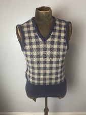 Vintage Blye of Florence Sweater Vest Blue Cream Plaid Linen 1960s 60s 1970s S M picture