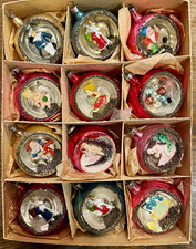 12 Vintage Czechoslovakia Glass Diorama Christmas Ornaments Figural Boxed picture