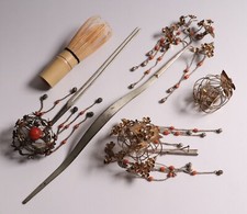 Japanese Silver&Coral Kanzashi Hairpin Set of 2 Geisha Accessory Drum Motif picture