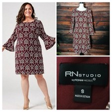 RN Studio Ronni Nicole Dress Small Damask Print Bell Sleeve Keyhole Knit NWT $74 picture