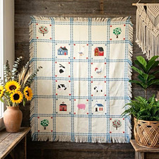Vintage Handmade Cream Embroidered Farmhouse Cottage Blanket picture