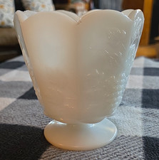 Vintage E.O. Brody Milk Glass Pedestal Vase Grapevine Scalloped Rim picture