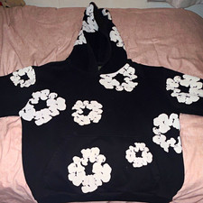 DENIM TEARS Black Cotton Fleece Graphic Print Pullover Hoodie Pockets Sz S picture