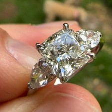 2.55Ctw Cushion Cut Moissanite Three Stone Engagement Ring 14K White Gold Plated picture
