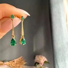 2.18 Ct Pear Cut Emerald Earrings Wedding Earring 14k Yellow Gold picture