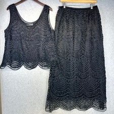 Soulmates Top Skirt Set Womens Size XL Black 100% Silk Beaded Crochet  picture