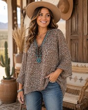 NWT Western Boho Leopard Print Tunic Women Large Turquoise Beaded Semi-sheer Top picture