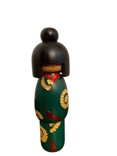 Vintage Japanese Kimono Sosaku Kokeshi Doll Signed 9.5” Green Black Hair picture