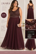 J Kara 16W Burgundy Sequin Chiffon Evening Dress Formal Gown NWT Plus Size picture