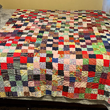 Handmade Nine Patch Patchwork Quilt Cotton twin Size multicolor. Some wear. picture