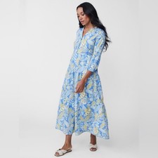 J. McLaughlin Cunningham Dress Linen Cotton Blend Blue Yellow Floral Midi S picture