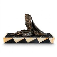 Art Deco Spelter Sculpture, Seated Woman on Chevron Marble Base — French, 1920s picture