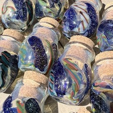 Lot 3 Cracked Hand Blown Art Glass Mini Bottle Jar Cork Stopper Aventurine Swirl picture