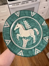 Vintage Italian Horse Pottery Charger 14.5” Hand Painted Green Majolica picture