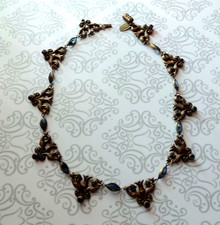Vtg Kenny Ma San Fransisco Art Deco Stile Bronze/Brass Blue Glass Necklace 15