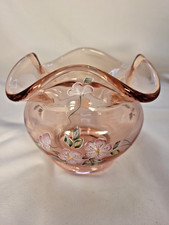 Fenton VTG Pink Glass Ruffled Rose Bowl Hand Painted Flowers Sgnd. J. Cunningham picture