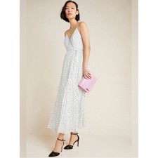Anthropologie Daniel Rainn Marilyn Polka Dot Pleated Maxi Wrap Dress White L NWT picture