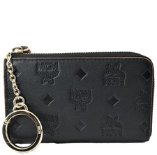 New MCM Aren Mini Embossed Monogram Zip Wallet Black Tan picture