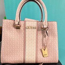 GUESS Pink Logo Print Satchel Top Handle Bag Gold Hardware Charm Zip picture