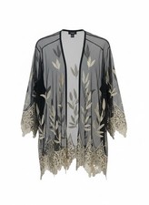 Alfani Womens Black Mesh Kimono Cardigan Gold Metallic Leaf Embroidery Lace 2X picture
