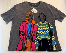 Zara Women Gray Graphic Print Cotton Knit Crew Neck T-Shirt Size M picture