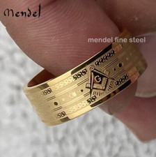 MENDEL Mens 10k Gold Plated Freemason Masonic Band Ring Stainless Steel Siz 7-15 picture