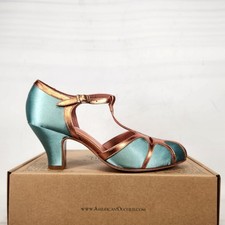 American Duchess Lilith Heels Women Size 7 Teal Copper Satin Art Deco T-Strap picture