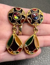 VTG 80s 90s Byzantine Style Watermelon Rivoli Enamel Rhinestone Dangle Earrings picture