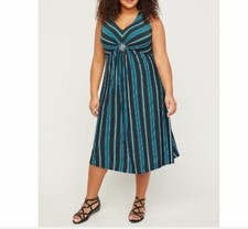 Catherines Plus Black Teal Stripe Medallion Twist Fit & Flare Dress 2X, 22/24W  picture