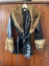 NEW TOPSHOP GORGEOUS BLACK LEATHER LOOK FAUX FUR TRIM BOHO JACKET UK 10 picture