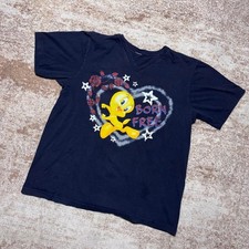 Vintage 2000s Looney Tunes Tweety Bird “Born Free” Glitter Graphic V-Neck T-Shir picture