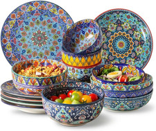 Hand‑Painted Bohemian Ceramic Dinnerware Set, Plates, Deep Bowls & Serving Bowls picture