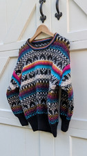 Vintage 80s 90s Neon Rainbow Fair Isle Chunky Knit Crewneck Sweater M L picture