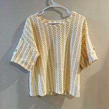 Chico's Crochet Knit Striped Boat Neck Short Sleeve Top Button Beige/White M picture