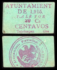 Mexico, Revolution 20 Centavos Teloloapan, Guerrero 1915 pasteboard, M1973. AU picture