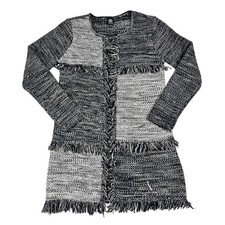 Bobeau Womens Black White Marled Fringe Colorblock Open Front Cardigan Medium picture
